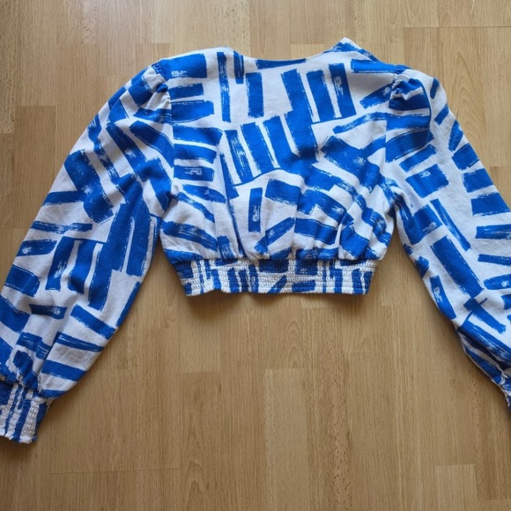 House of Harlow 1960 Blue White Abstract Brushstroke Linen Blend Crop Top Medium - Picture 4 of 9